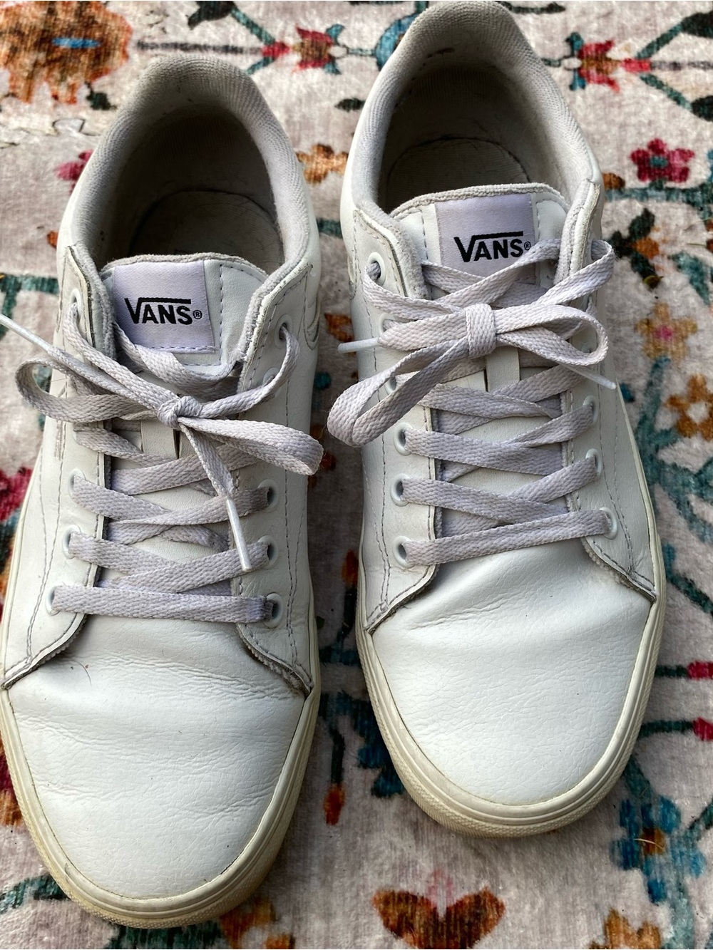 Vans White Low-Top Leather Sneakers with White Laces